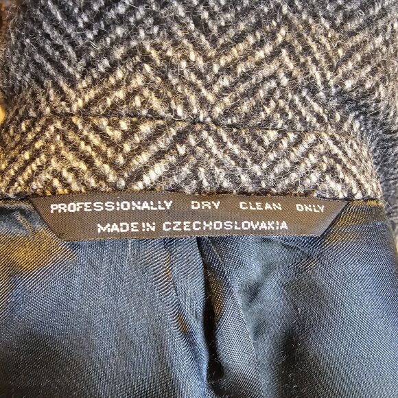 Vintage 80s 90s Herringbone Wool Overcoat Czechoslovakia Mens XL Gray Long Mob - Picture 6 of 9